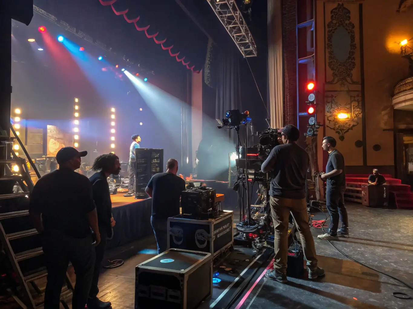 A dynamic image showcasing a stage being set up for a live performance, with crew members adjusting lighting and sound equipment. The atmosphere is busy and professional, highlighting the technical expertise involved.