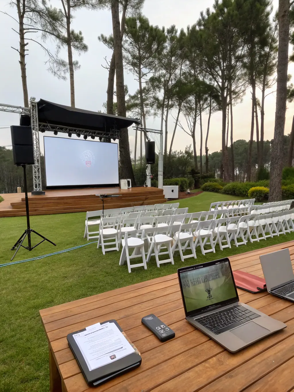 A picture of volunteers setting up for an outdoor film screening event organized by LE COEUR DES HOMMES, demonstrating the organization's commitment to providing diverse cultural experiences in the community.