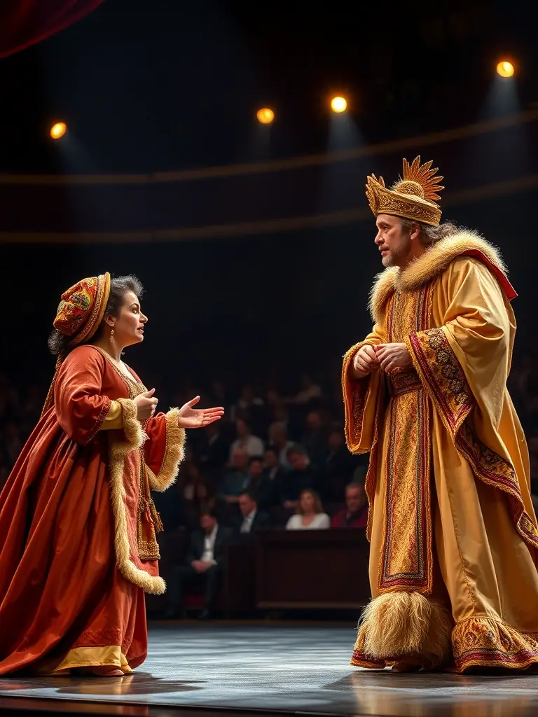 A dynamic image of a theatrical performance, highlighting expressive actors on stage with dramatic lighting and detailed costumes. The scene should capture a pivotal moment in the play, conveying emotion and storytelling.