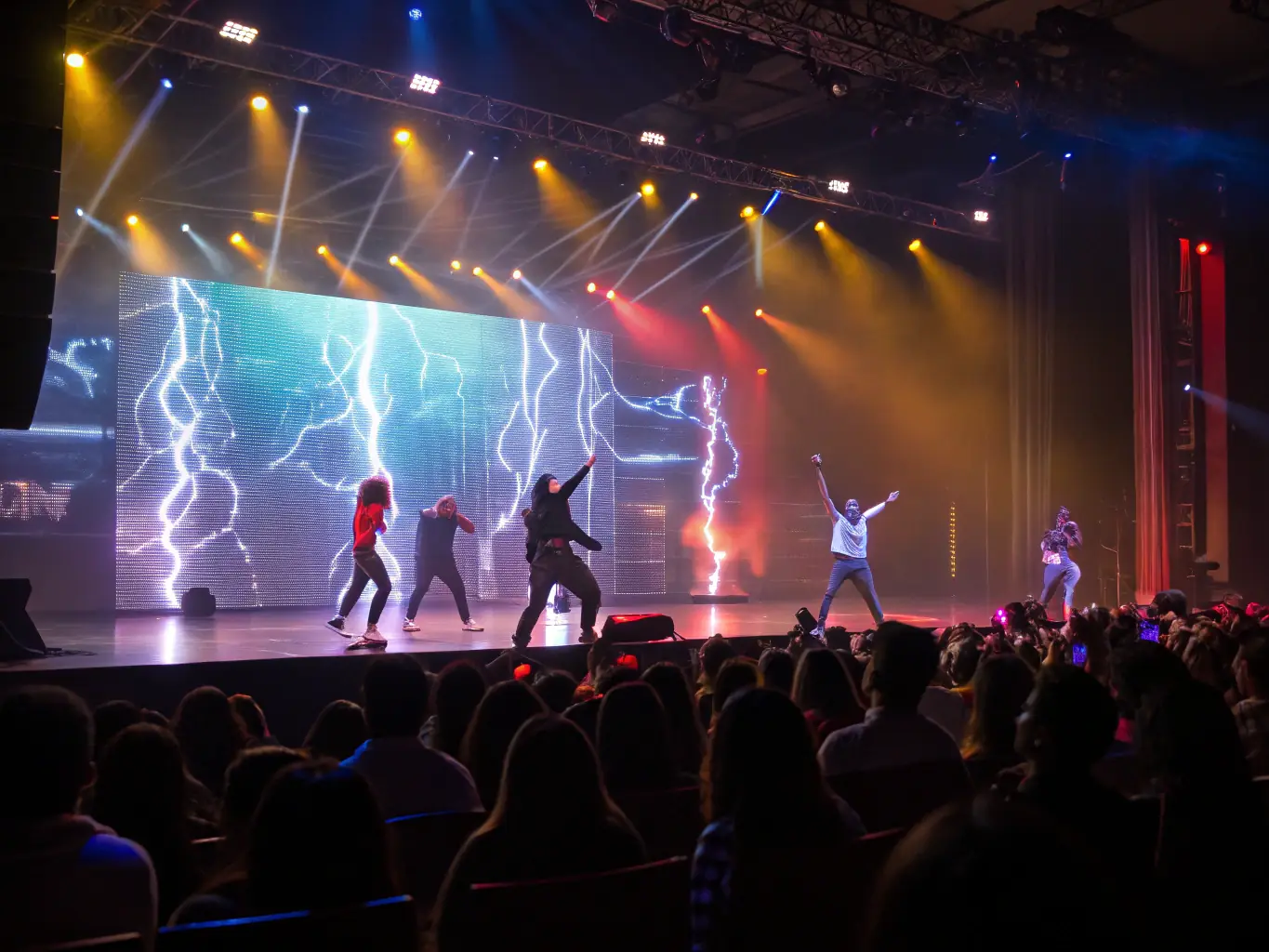 A captivating image of a live performance illuminated by vibrant stage lighting, showcasing the dramatic effect of professional lighting design.