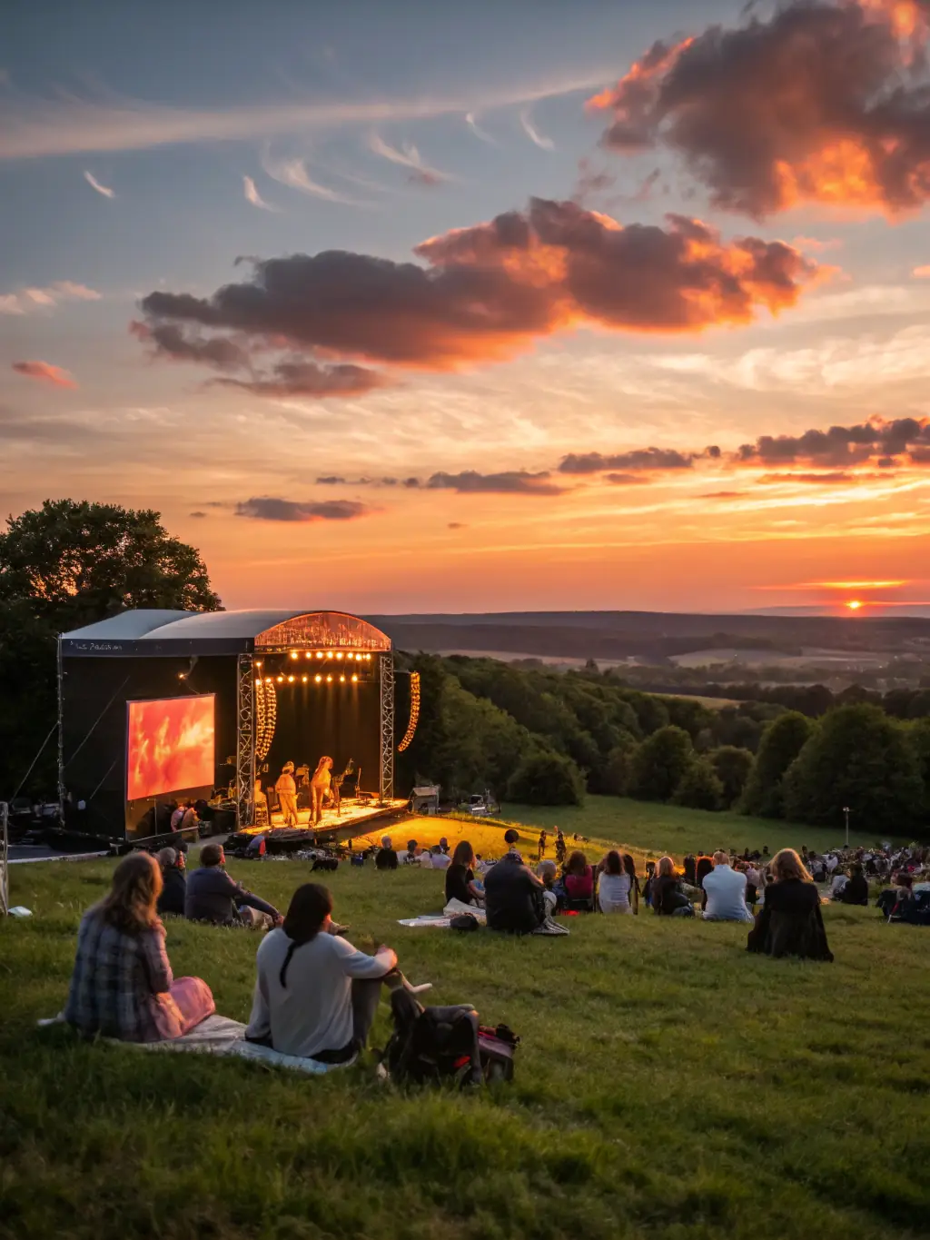 A photograph capturing a vibrant outdoor music festival at sunset, showcasing a diverse crowd enjoying live music with food stalls and art installations in the background. The image should convey a sense of community and celebration.
