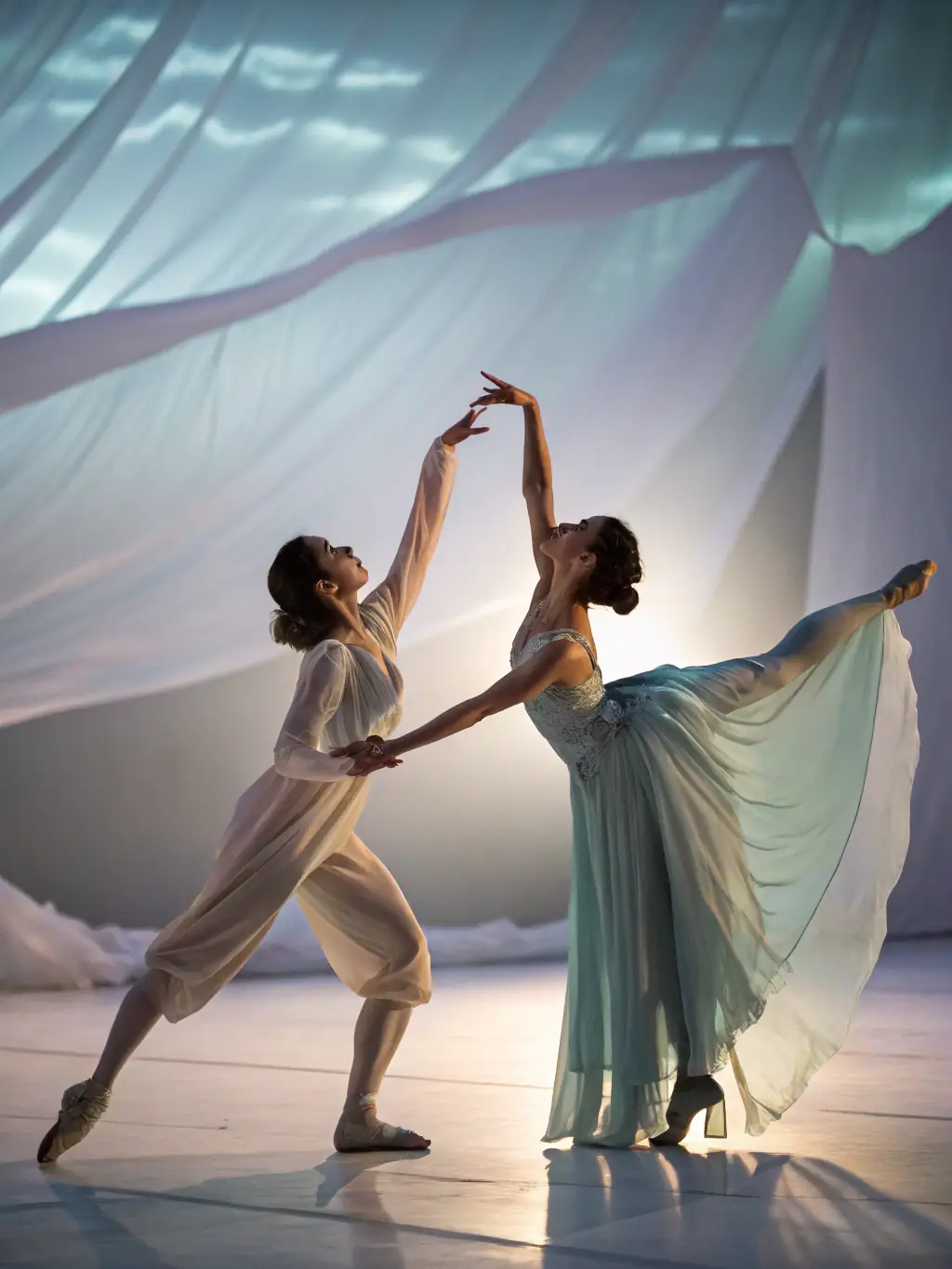 A visually striking photograph of a dance performance, showcasing dancers in motion with elegant costumes and dynamic choreography. The lighting should emphasize the fluidity and grace of the dancers' movements.