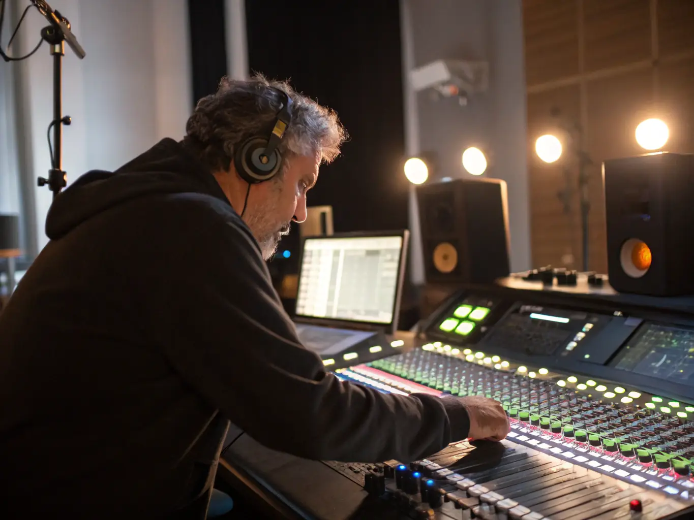 A photograph of a sound engineer working at a mixing console during a live event, capturing the precision and technical skill required for quality sound production.