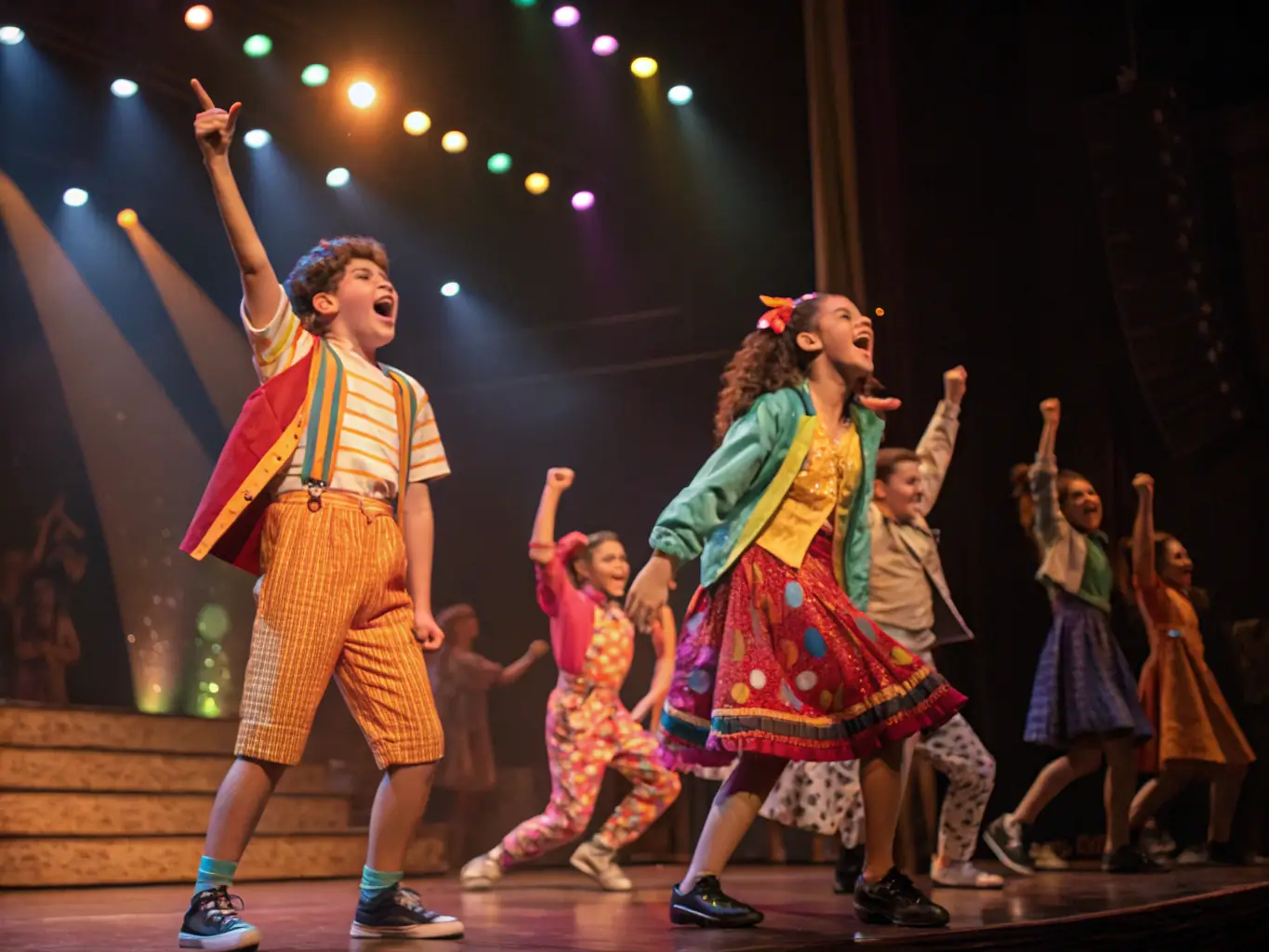 A vibrant stage scene with performers in colorful costumes during a community theater production supported by LE COEUR DES HOMMES, showcasing the organization's commitment to local arts.
