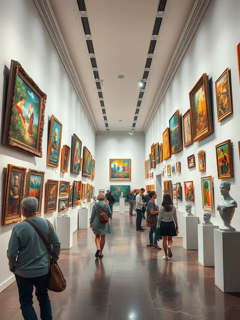 A high-quality image of a visual arts exhibition, featuring a diverse collection of paintings, sculptures, and installations. The gallery space should be well-lit, with visitors engaging with the artwork.